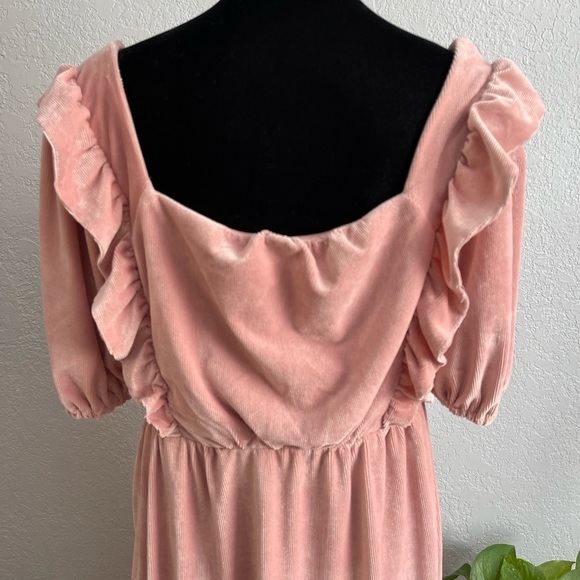 ASOS Corduroy Blush Pink Puff Sleeve Square Neck Midi Dress Prairie Boho Sz 2 - Picture 5 of 7